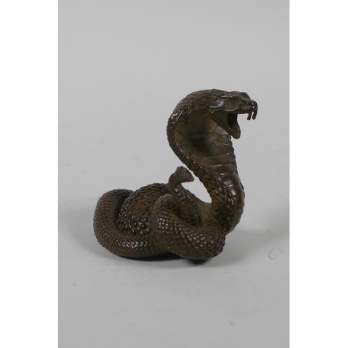 27 - A Japanese bronze Okimono in the form of a cobra, indistinct mark to base, 2