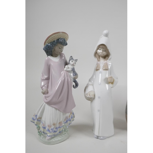 3 - Four Lladro porcelain figures of children and two similar Nao figures, A/F, largest 9