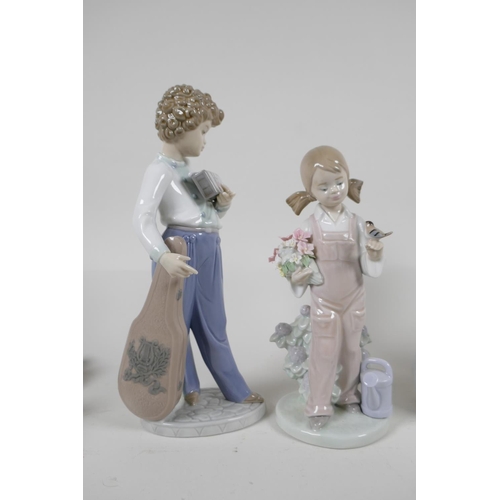 3 - Four Lladro porcelain figures of children and two similar Nao figures, A/F, largest 9