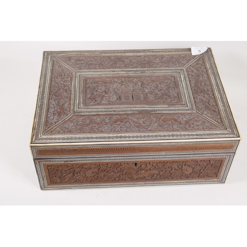 9 - C19th Indian sandalwood writing box with micro mosaic sadeli work inlay and all over carved decorati... 