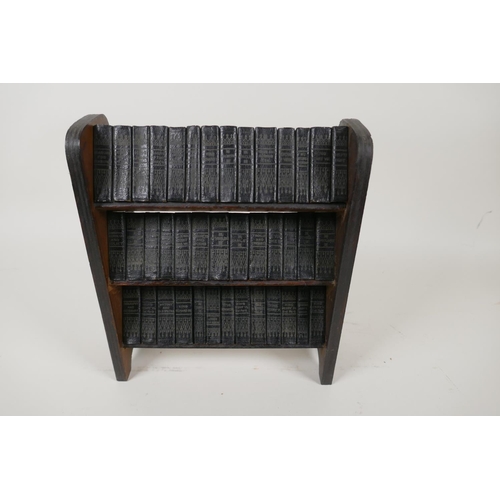 1 - A miniature three tier oak bookcase with 40 volumes of The Works of Shakespeare, printed by Allied N... 