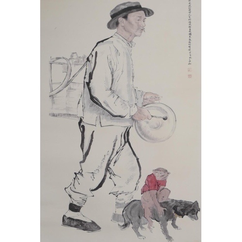 10 - A Chinese printed watercolour scroll depicting a street entertainer with his monkey and dog, 14