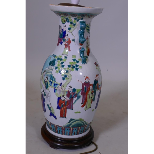 12 - A Chinese famille verte porcelain table lamp, with wood stand, vase 19