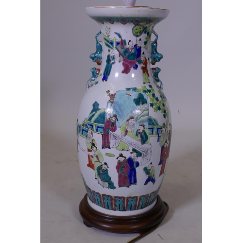 12 - A Chinese famille verte porcelain table lamp, with wood stand, vase 19