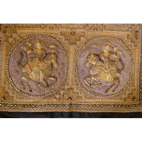 16 - A vintage Indian stumpwork wall hanging with sequins and silver and gilt thread detail, 44