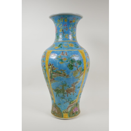 18 - A turquoise and yellow ground porcelain vase with famille vert decoration of Chinese mythical creatu... 