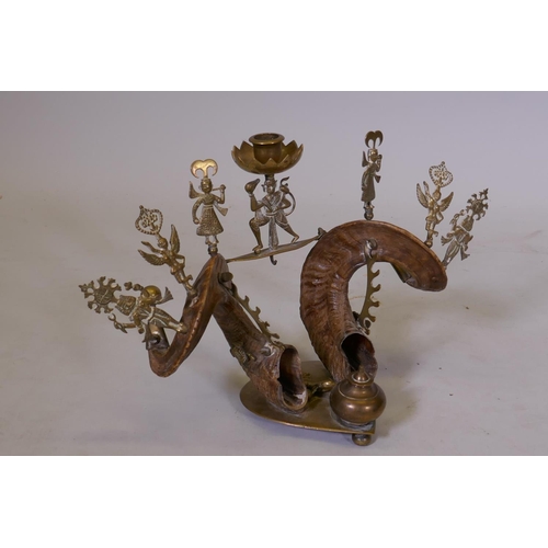 27 - Antique Anglo Indian desk stand with inkwell and ram's horn decoration, with brass mounts, 9