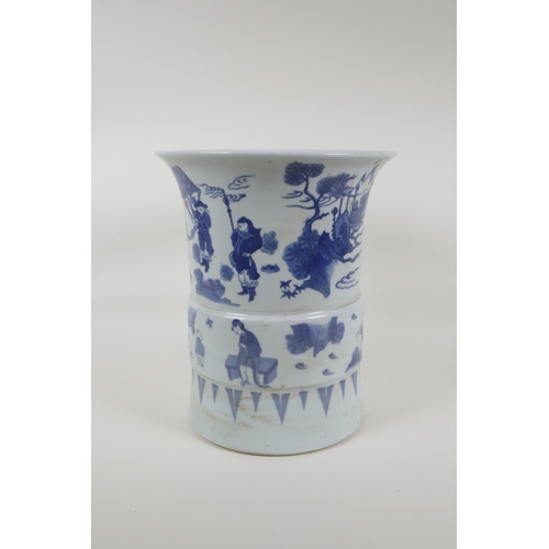 28 - A Chinese blue and white porcelain gu shaped vase/brush pot, decorated with figures in landscape sce... 