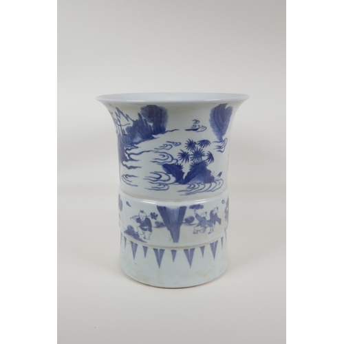 28 - A Chinese blue and white porcelain gu shaped vase/brush pot, decorated with figures in landscape sce... 