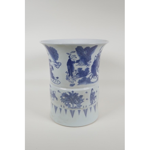 28 - A Chinese blue and white porcelain gu shaped vase/brush pot, decorated with figures in landscape sce... 