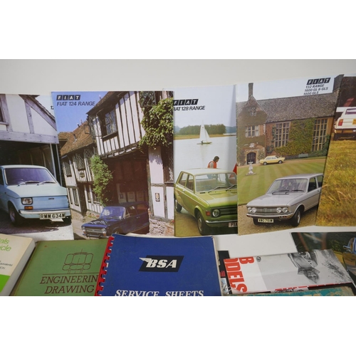 31 - A quantity of motoring and motorcycle literature including 1960s promotional brochures for Fiat, Min... 