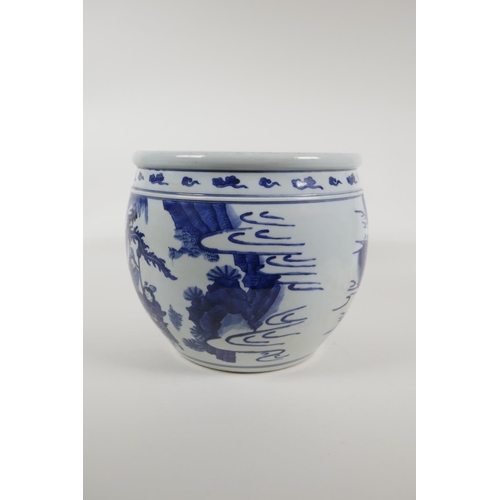 35 - A blue and white porcelain jardiniere decorated with travellers, Chinese KangXi 6 character mark to ... 