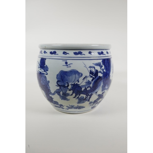 35 - A blue and white porcelain jardiniere decorated with travellers, Chinese KangXi 6 character mark to ... 