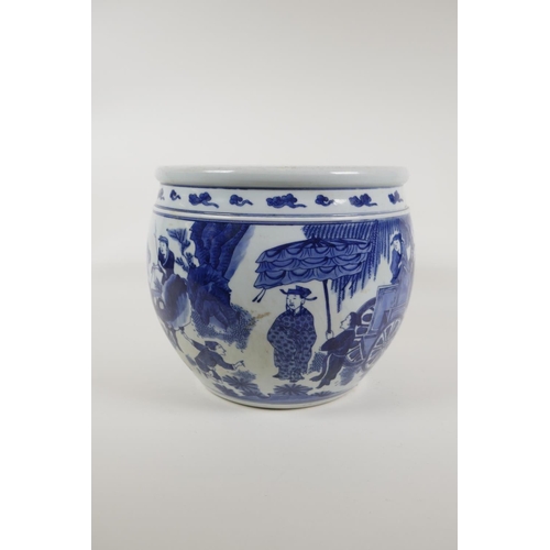 35 - A blue and white porcelain jardiniere decorated with travellers, Chinese KangXi 6 character mark to ... 