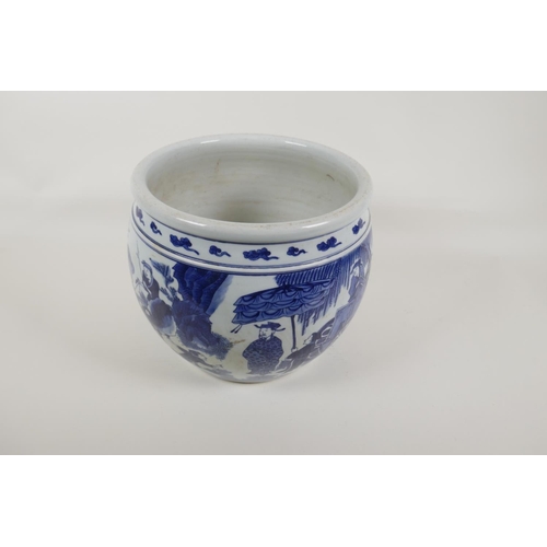 35 - A blue and white porcelain jardiniere decorated with travellers, Chinese KangXi 6 character mark to ... 