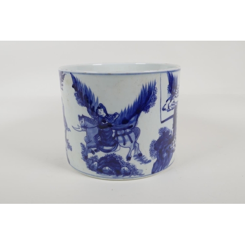 55 - A Chinese blue and white porcelain brush pot decorated with travellers in a landscape, 6 character K... 