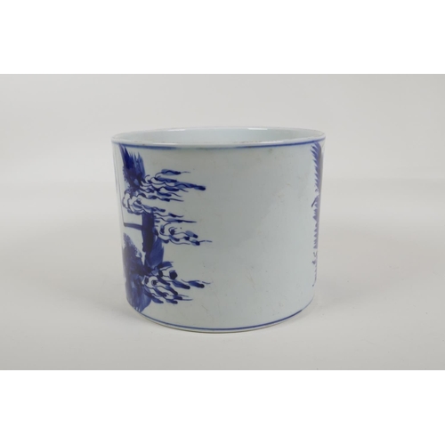 55 - A Chinese blue and white porcelain brush pot decorated with travellers in a landscape, 6 character K... 