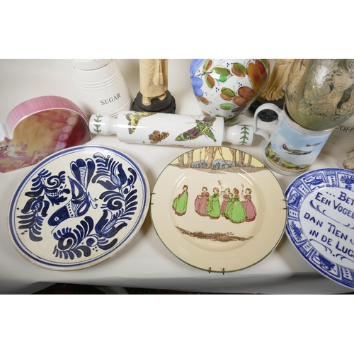 56 - A quantity of pottery and porcelain including Portmeirion rolling pin, Worcester 'Flat Mates' cat, D... 