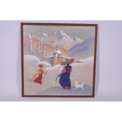 31 - A vintage Tibetan tapestry depicting a mountain landscape and Buddhist monk greeting an acolyte, pre... 