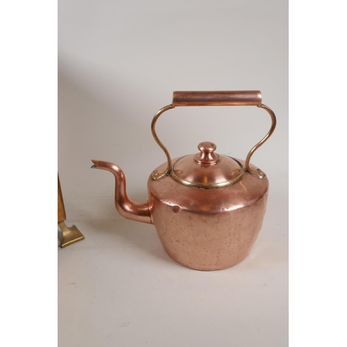 46 - An Arts and Crafts polished copper coal scuttle with liner, and a copper kettle, scuttle 11