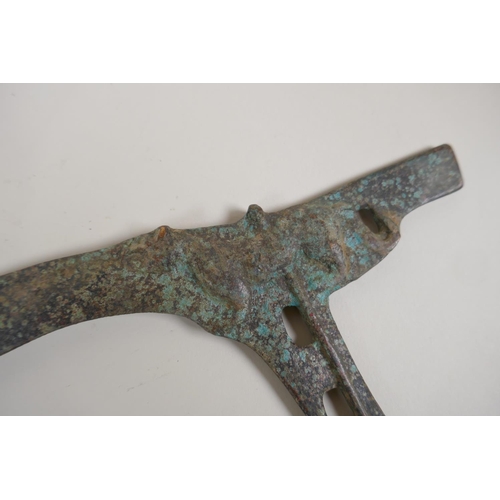 53 - A Chinese archers style bronze Ge (dagger axe head), with raised tiger decoration, 9½