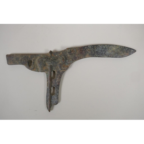 53 - A Chinese archers style bronze Ge (dagger axe head), with raised tiger decoration, 9½