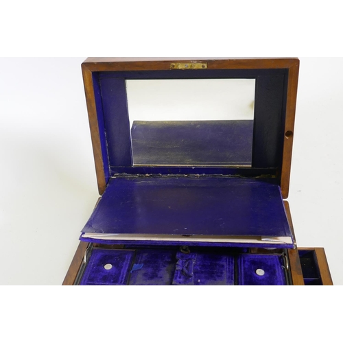 57 - A C19th walnut vanity box, with fitted interior and mirror and side drawer, 11