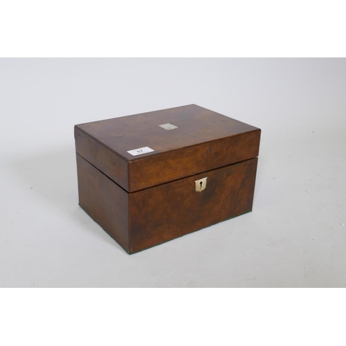 57 - A C19th walnut vanity box, with fitted interior and mirror and side drawer, 11