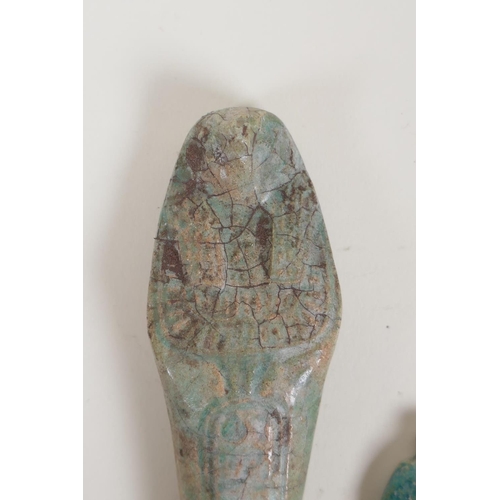 58 - An Egyptian turquoise glazed faience horus shabti and a turquoise glazed pottery head bust token, la... 