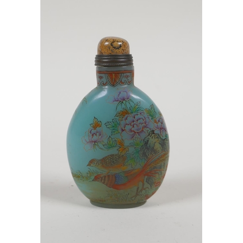 8 - A Peking glass snuff bottle with asiatic bird decoration, Chinese 4 character mark to base, 3