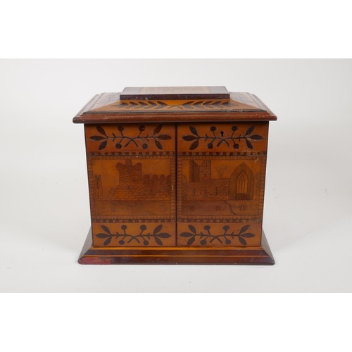 1 - A C19th Killarney ware inlaid table cabinet with lift up top and two doors opening to reveal three d... 