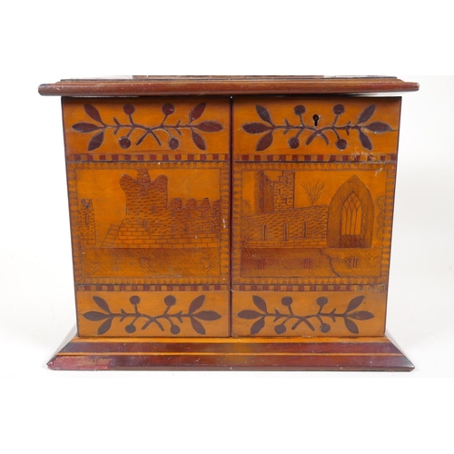 1 - A C19th Killarney ware inlaid table cabinet with lift up top and two doors opening to reveal three d... 