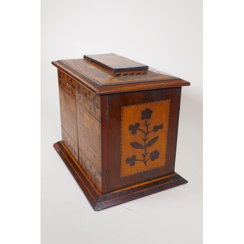 1 - A C19th Killarney ware inlaid table cabinet with lift up top and two doors opening to reveal three d... 