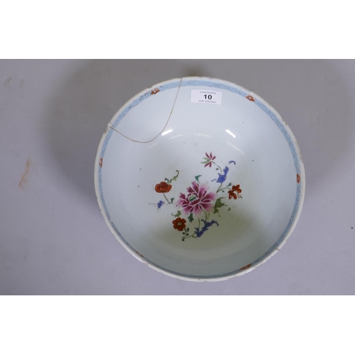 10 - A C19th Chinese porcelain bowl with floral decoration in raised enamels, AF cracked, repaired, 9&fra... 