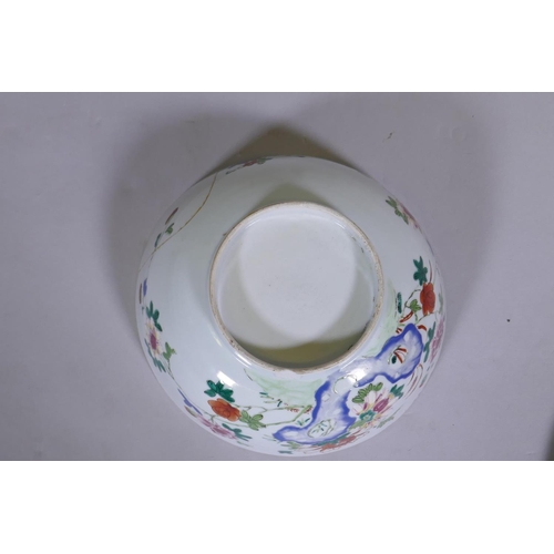 10 - A C19th Chinese porcelain bowl with floral decoration in raised enamels, AF cracked, repaired, 9&fra... 