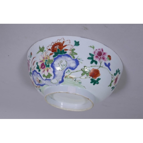 10 - A C19th Chinese porcelain bowl with floral decoration in raised enamels, AF cracked, repaired, 9&fra... 