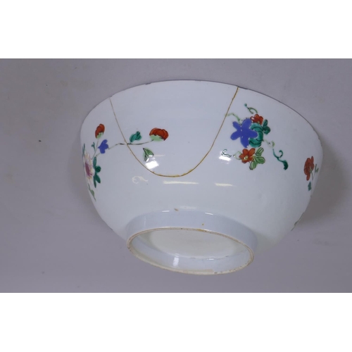 10 - A C19th Chinese porcelain bowl with floral decoration in raised enamels, AF cracked, repaired, 9&fra... 