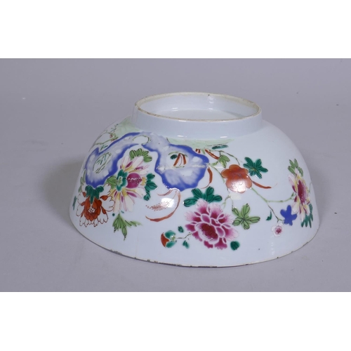 10 - A C19th Chinese porcelain bowl with floral decoration in raised enamels, AF cracked, repaired, 9&fra... 