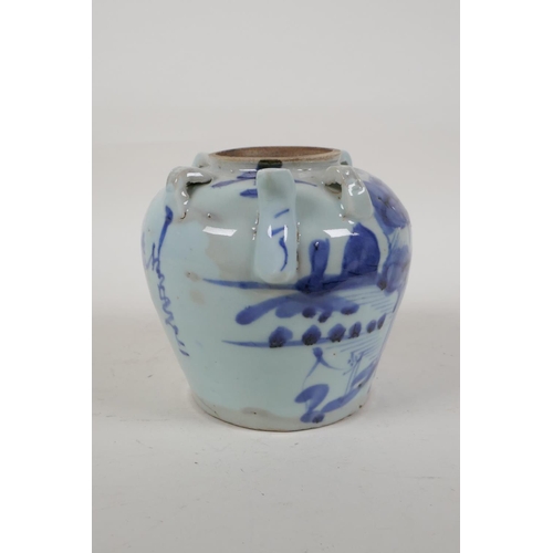 50 - A Chinese blue and white porcelain wine jar with four lug handles, decorated with a landscape, inscr... 