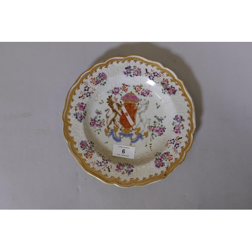 6 - A pair of Chinese export armorial plates with bianco sopra bianco and gilt and enamel decoration, 9