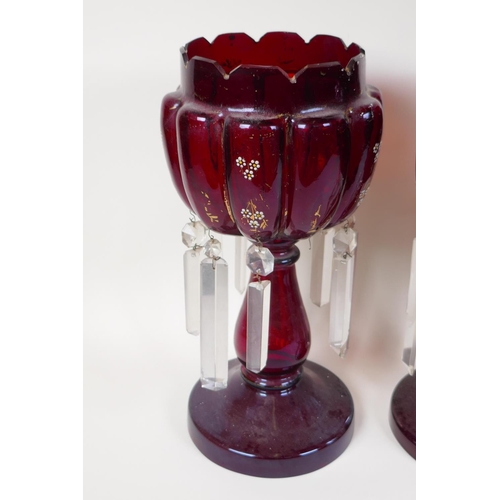 2 - A near pair of C19th ruby glass lustres, lustre drops incomplete, and another ruby glass lustre, no ... 