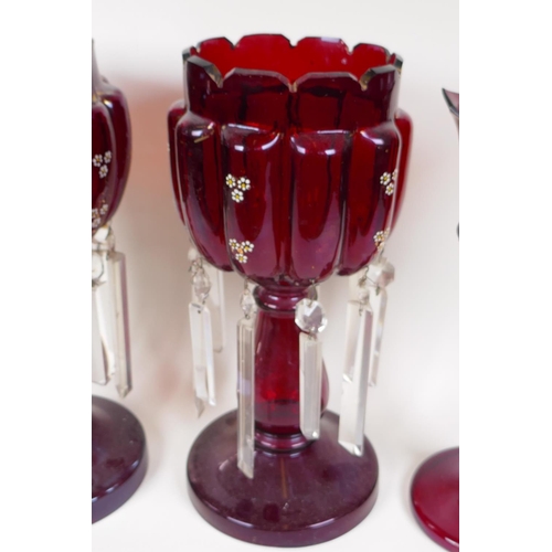 2 - A near pair of C19th ruby glass lustres, lustre drops incomplete, and another ruby glass lustre, no ... 