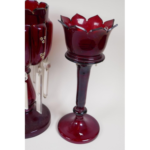 2 - A near pair of C19th ruby glass lustres, lustre drops incomplete, and another ruby glass lustre, no ... 