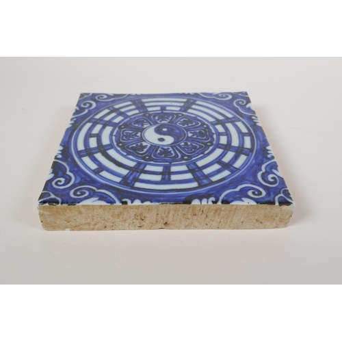 20 - A Chinese blue and white porcelain temple tile with Yin Yang decoration, 7½