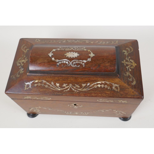 29 - A C19th mother of pearl inlaid rosewood sarcophagus shaped tea caddy, no interior, 10