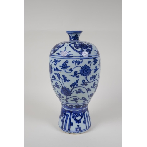 30 - A Chinese ming style blue and white porcelain vase with scrolling lotus flower pattern, 11½