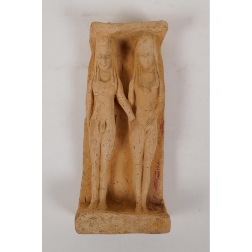 36 - An antique Greek/Anatolian terracotta plaque depicting a man and woman, 3½