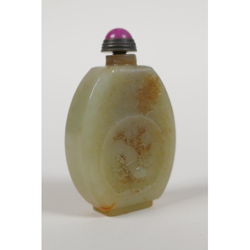 38 - A Chinese celadon jade snuff bottle with objects of virtue and figural decoration, 2½