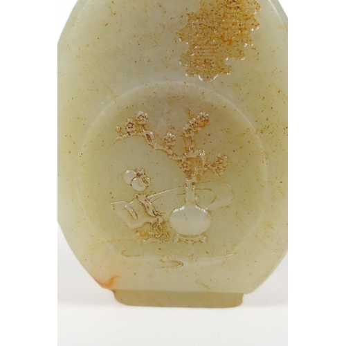 38 - A Chinese celadon jade snuff bottle with objects of virtue and figural decoration, 2½