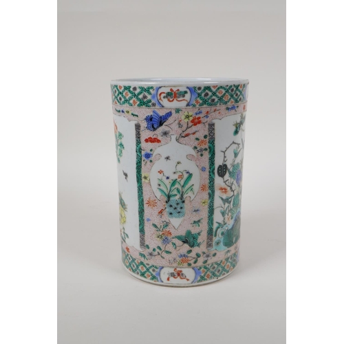 43 - A famille vert porcelain brushpot with decorative panels depicting butterflies and flowers, Chinese ... 